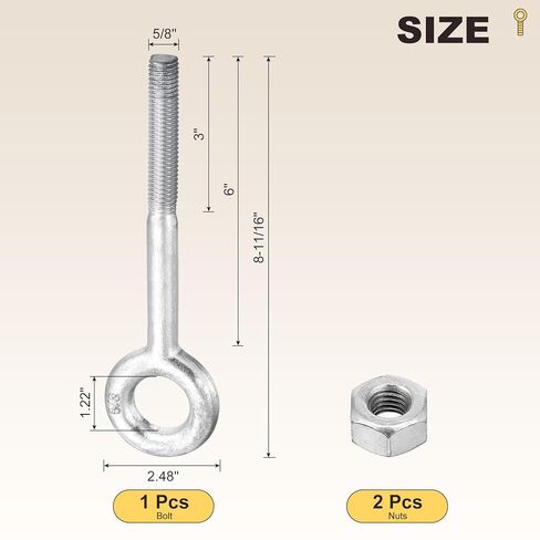 METALLIXITY Eye Bolt with Nuts (5/8"x8") 1Set, Zinc-Plated Carbon Steel Machinery Lifting Ring Threaded Eye Bolt - for Load Hoisting, White in Saudi Arabia