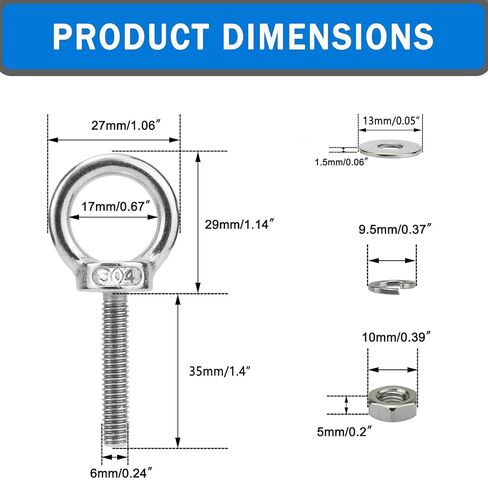 5 عبوات من مسامير العين المصنوعة من الفولاذ المقاوم للصدأ M6 مع غسالة صواميل، M6 × 35 مم (1/4 بوصة × 1.4 بوصة) مسمار طويل لرفع الكتف، مسامير ذات عيون ملولبة شديدة التحمل للاستخدام في المنزل والأثاث والأرجوحة والأماكن الداخلية والخارجية in Kuwait