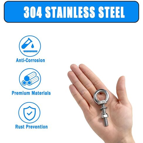 5 عبوات من مسامير العين المصنوعة من الفولاذ المقاوم للصدأ M6 مع غسالة صواميل، M6 × 35 مم (1/4 بوصة × 1.4 بوصة) مسمار طويل لرفع الكتف، مسامير ذات عيون ملولبة شديدة التحمل للاستخدام في المنزل والأثاث والأرجوحة والأماكن الداخلية والخارجية in Kuwait