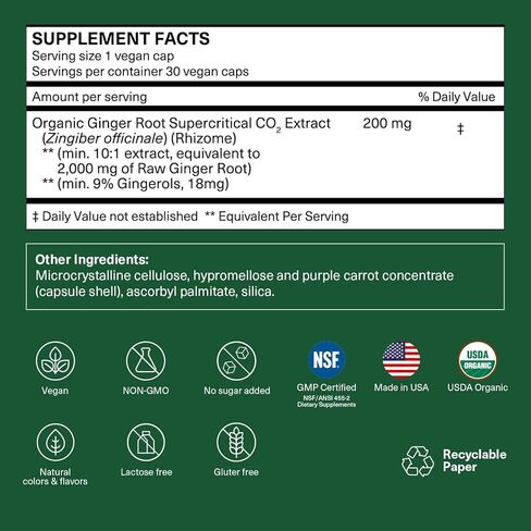 مكمل الزنجبيل العضوي | 200 مجم من مستخلص جذر الزنجبيل (10:1) و9% جينجيرول (18 مجم) لكل كبسولة | يدعم راحة المعدة* والغثيان المرتبط بالحركة* | أساسيات السفر | 30 كبسولة نباتية in Kuwait
