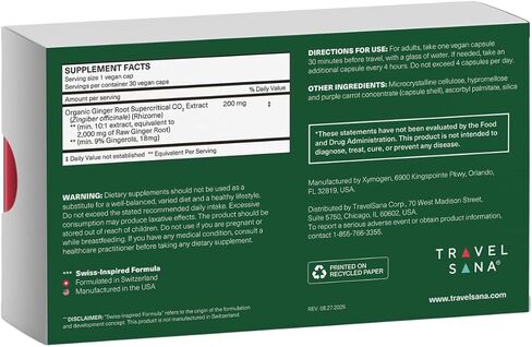 مكمل الزنجبيل العضوي | 200 مجم من مستخلص جذر الزنجبيل (10:1) و9% جينجيرول (18 مجم) لكل كبسولة | يدعم راحة المعدة* والغثيان المرتبط بالحركة* | أساسيات السفر | 30 كبسولة نباتية in Kuwait