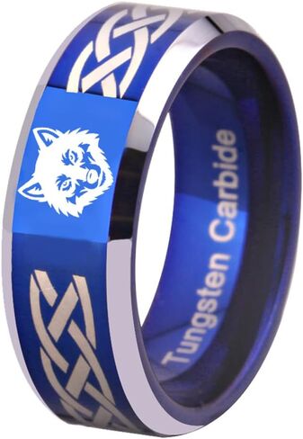 CLOUD DANCER FREE Custom Engraving Wolf Head & Royal Triforce Cosplay Ring - 8mm Width Silver/Blue/Black Tungsten Carbide Wedding Band in Kuwait