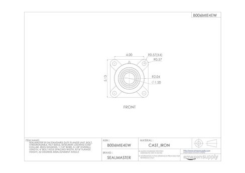 Sealmaster SF-24 Standard Duty Flange Unit, 4 Bolt, Regreasable, Felt Seals, Setscrew Locking Collar, Cast Iron Housing, 1-1/2" Bore, 5-1/8" Overall Length, 4" Bolt Hole Spacing Width, 9/16" Flange Height, ±2 Degrees Misalignment Angle in Kuwait