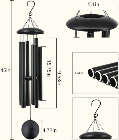 45 Inch Memorial Wind Chimes Outdoor, Large Deep Tone with 6 Heavy Aluminum Tubes, Hand-Tuned Sympathy Gift for Loss of Loved One, Garden Hanging Decor for Yard, Black (45") in Kuwait