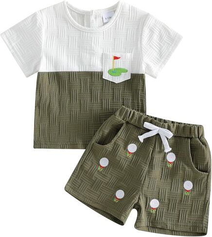 Toddler Baby Boy Summer Clothes Golf Embroidery Short Sleeve T shirt Plaid Shorts Set Golf Baby Outfit in Kuwait