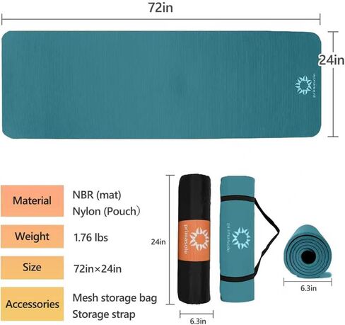 سجادة يوجا سميكة من Primasole، سجادة NBR سميكة للغاية بسمك 1/2 بوصة مع ثبات معزز - تصميم محكم، بساط خفيف الوزن مع حزام حمل وحقيبة لليوجا والبيلاتيس وصالة الألعاب الرياضية والاستخدام المنزلي (ألوان خضراء داكنة) in Kuwait