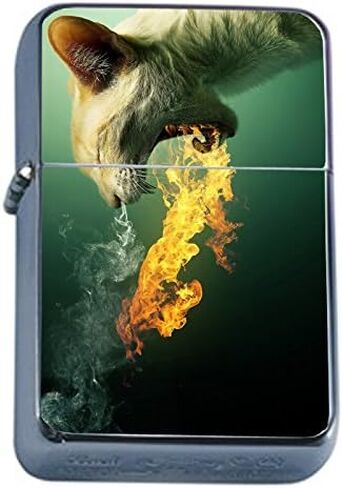 Flip Top Oil Lighter Funny Smoking Animal S4 Fire Breathing Cat Includes Silver Case in Kuwait