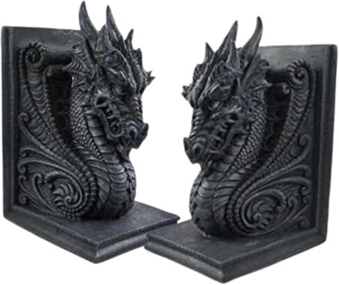Bellaa 25617 Decorative Bookends Dragons Gothic Midieval Castle Mystic Vintage Book Ends Holder Heavy Stoppers Bookshelf Shelves to Hold Books Library Shelf Dividers Home Decor in Kuwait