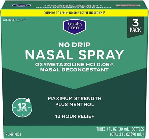 berkley jensen No Drip Severe Congestion Nasal Spray - Maximum Strength Decongestant with Oxymetazoline HCl & Menthol - Pump Mist Applicator, No Steroid, 12 Hour Relief, 1 Fluid Ounce (Pack of 2) in Kuwait