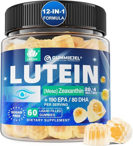 Sugar Free Lutein 20mg & Zeaxanthin Eye Supplement Plus EPA 190mg & DHA 80mg, Eye Vitamins Filled Gummies with Selenium & Zinc, Bilberry, Goji Berry, Saffron & Grape Seed Extract, Vitamin D3, C & E in Kuwait