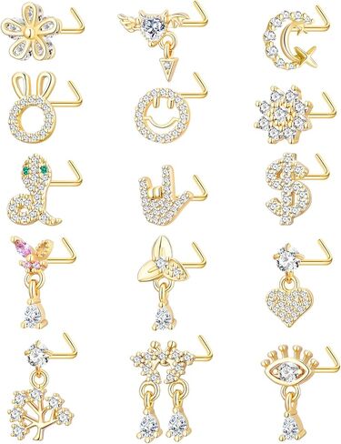 TAMHOO 15PCS أنف حلقات أنف - L تصميمات الشكل مع الفولاذ المقاوم للصدأ الجراحي - الأزرار الذهب/الفضة للنساء in Kuwait