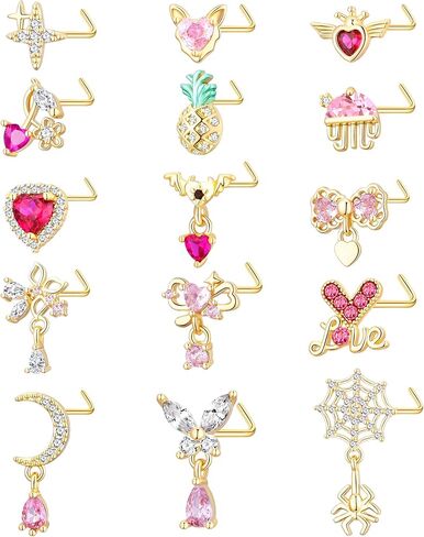 TAMHOO 15PCS أنف حلقات أنف - L تصميمات الشكل مع الفولاذ المقاوم للصدأ الجراحي - الأزرار الذهب/الفضة للنساء in Kuwait