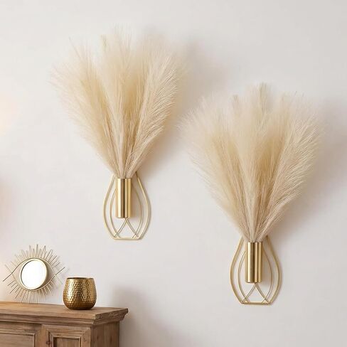 Otoolling 2 Pieces Hanging Plant Wall Decor with Artificial Pampas Grass Metal Hanging Vase Modern Geometric Farmhouse Bohemian Wall Art for Living Room Bedroom Kitchen Bathroom Office(Gold, Beige) in Kuwait