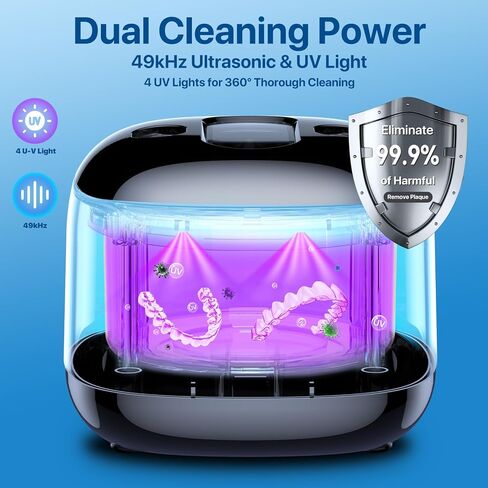 Ultrasonic Retainer Cleaner Machine, 49KHz 220ML Dental Cleaning Pod with Digital Timer, Deep Cleaning Ultrasonic Dentures Cleaner for Night Guards, Braces, Aligner, Toothbrush, Jewelry, Black in Kuwait