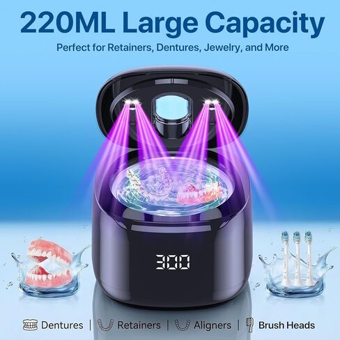Ultrasonic Retainer Cleaner Machine, 49KHz 220ML Dental Cleaning Pod with Digital Timer, Deep Cleaning Ultrasonic Dentures Cleaner for Night Guards, Braces, Aligner, Toothbrush, Jewelry, Black in Kuwait