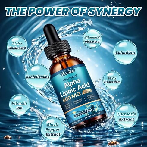Liposomal Alpha Lipoic Acid Liquid Drops 600mg - Neuropathy Supplements Liquid for Nerve, Energy & Metabolic Support with Benfotiamine, Turmeric, Selenium & C, E & B12, Strawberry 2 Fl Oz in Kuwait