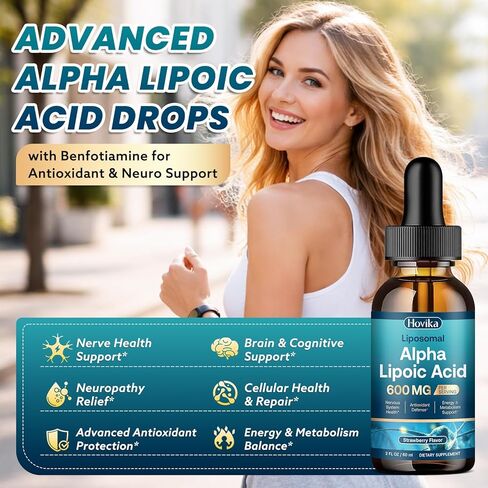 Liposomal Alpha Lipoic Acid Liquid Drops 600mg - Neuropathy Supplements Liquid for Nerve, Energy & Metabolic Support with Benfotiamine, Turmeric, Selenium & C, E & B12, Strawberry 2 Fl Oz in Kuwait