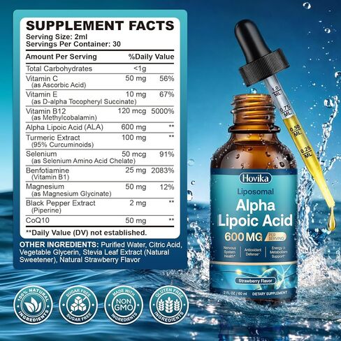 Liposomal Alpha Lipoic Acid Liquid Drops 600mg - Neuropathy Supplements Liquid for Nerve, Energy & Metabolic Support with Benfotiamine, Turmeric, Selenium & C, E & B12, Strawberry 2 Fl Oz in Kuwait