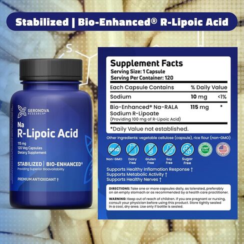 Geronova Research Bio-Enhanced R-Lipoic Acid, 115 mg Capsules - 4 Month Supply - Stabilized R Alpha Lipoic Acid Supplement with Enhanced Absorption - 120 Count in Saudi Arabia