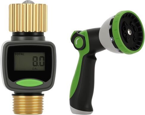 Watflow 3/4"Water Flow Meter with Water Nozzle Kit,4 Modes Change, Measure Gallon/Liter Consumption for Garden Hose, RV Water Tank, Lawn Sprinkler, and Nozzle Sprayer in Kuwait