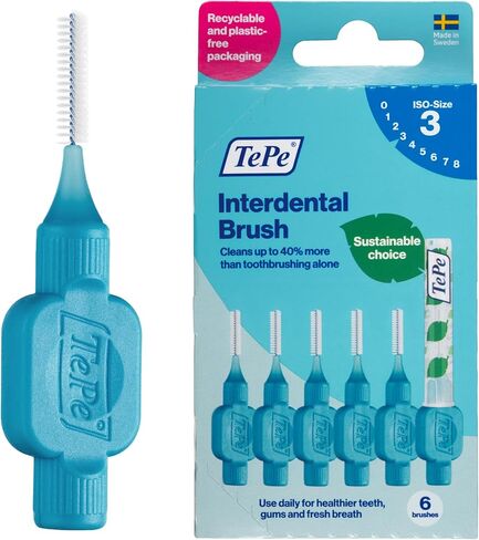 TePe Interdental Brush Original, Soft Dental Brush for Teeth Cleaning, Pack of 6, 0.6 mm, Medium Gaps, Blue, Size 3 in Saudi Arabia