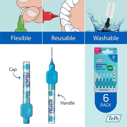 TePe Interdental Brush Original, Soft Dental Brush for Teeth Cleaning, Pack of 6, 0.6 mm, Medium Gaps, Blue, Size 3 in Saudi Arabia