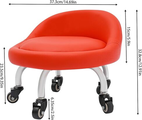 مقعد منخفض مع ظهر، مقعد دوار منخفض الارتفاع مع مسند ظهر وعجلات - كرسي دوار من جلد البولي يوريثان للجراج والمتجر والمكتب والمنزل والمكتبة (أحمر) in Kuwait