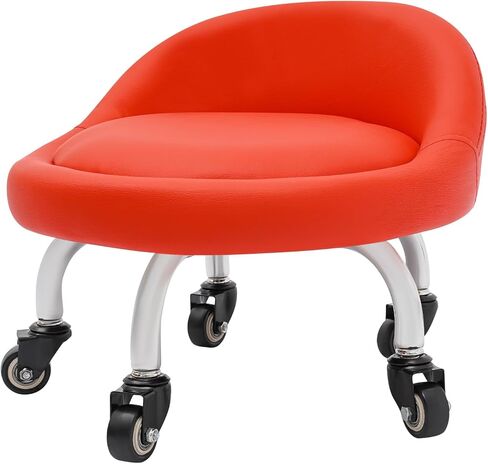 مقعد منخفض مع ظهر، مقعد دوار منخفض الارتفاع مع مسند ظهر وعجلات - كرسي دوار من جلد البولي يوريثان للجراج والمتجر والمكتب والمنزل والمكتبة (أحمر) in Kuwait