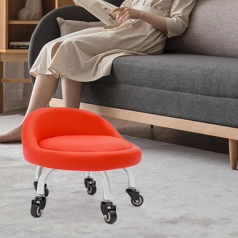 مقعد منخفض مع ظهر، مقعد دوار منخفض الارتفاع مع مسند ظهر وعجلات - كرسي دوار من جلد البولي يوريثان للجراج والمتجر والمكتب والمنزل والمكتبة (أحمر) in Kuwait
