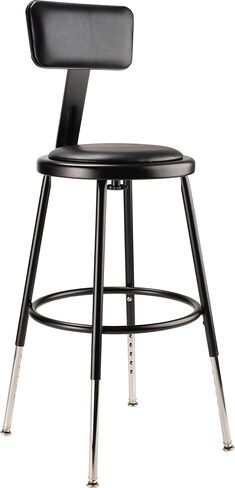 Pemberly Row Adjustable Metal Stool with Backrest, 32-39 in Height, Black Vinyl Padded Seat, Durable 18-Gauge Steel Frame, Footrest, Heavy Duty Design for Classroom, Lab, or Workshop Use in Saudi Arabia