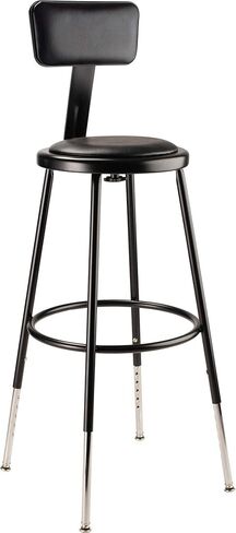 Pemberly Row Adjustable Metal Stool with Backrest, 32-39 in Height, Black Vinyl Padded Seat, Durable 18-Gauge Steel Frame, Footrest, Heavy Duty Design for Classroom, Lab, or Workshop Use in Saudi Arabia