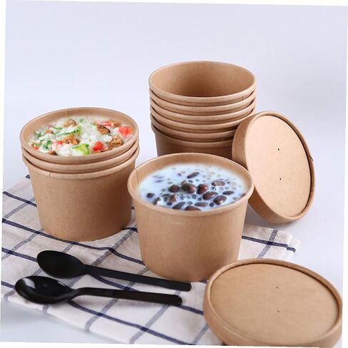 Gatuida 50pcs 8oz Kraft Paper Ice Cream Bowls with Lids Thickened Disposable Soup Containers for Takeout and Homemade Dessert Storage in Saudi Arabia