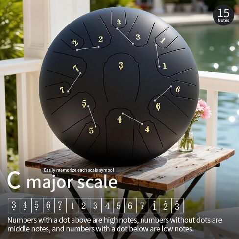 طبلة المطر للحديقة الخارجية، طبلة اللسان الفولاذية 12 بوصة 15 نوتة موسيقية، أداة قرع الطبل اليدوية (أسود، 12 بوصة 15 نوتة) in Kuwait