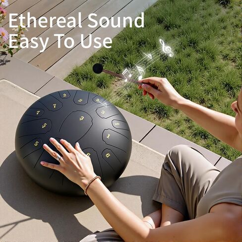 طبلة المطر للحديقة الخارجية، طبلة اللسان الفولاذية 12 بوصة 15 نوتة موسيقية، أداة قرع الطبل اليدوية (أسود، 12 بوصة 15 نوتة) in Kuwait