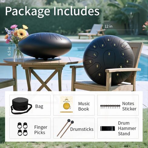 طبلة المطر للحديقة الخارجية، طبلة اللسان الفولاذية 12 بوصة 15 نوتة موسيقية، أداة قرع الطبل اليدوية (أسود، 12 بوصة 15 نوتة) in Kuwait