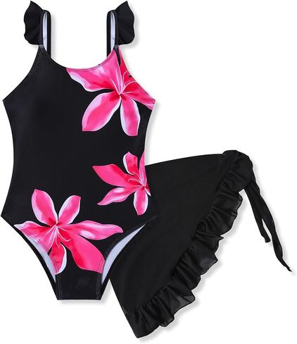 Girls One-Piece Swimsuit with Mesh Cover-Up - Adjustable Straps, Ruffled Design Swimwear Size 7-16 Years in Saudi Arabia