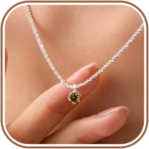 Birthstone Necklace for Women 925 Sterling Silver Glitter Bling Green CZ Pendant Necklace Dainty Crystal Choker Necklaces Collarbone Chain Bridal Wedding Jewelry for Lover in Kuwait