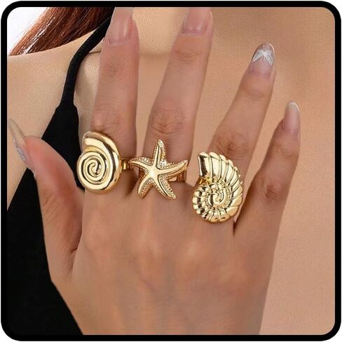 خاتم الذهب شل ستارفيش للنساء الكبير نجمات النجوم قشرة القشرة حلقة مكتنزة Seastar Sishell R-ing Summer Beach Ocean Jewelry Associaty Exhendy Strendy in Kuwait