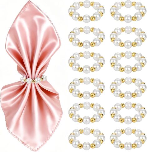 مجموعة حلقات مناديل اللؤلؤ المكونة من 12 قطعة، حلقات مناديل اللؤلؤ المقلدة المصنوعة يدويًا، حامل مناديل لتزيين الطاولة لإعداد طاولة الطعام، والحفلات، وحفلات الزفاف، والتجمعات العائلية (ذهبي) in Kuwait