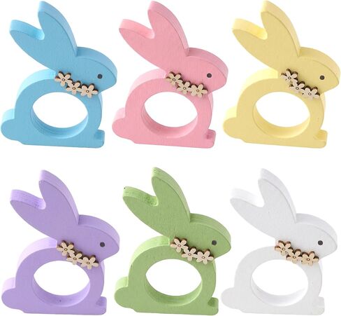 APTWOW حلقات منديل أرنب عيد الفصح مجموعة من 6 - حامل مناديل أرنب عيد الفصح الخشبي الملون، حلقات منديل زهرة الربيع لديكور طاولة حفلات الزفاف وأعياد الميلاد in Kuwait