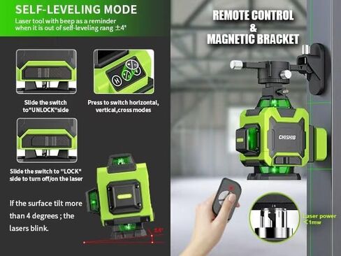 Laser Level 4D Self-Leveling Cross Line Laser Level, Rotary Base and Accessories for Construction, Home Improvement and Picture Hanging,（Laser power＜1mw） in Saudi Arabia