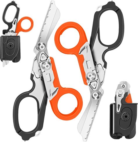 2 Pack Foldable Trauma Shears with Compatible Holster, Emergency Shears with Strap Cutter and Glass Breaker for Outdoor Camping Medical Scissors Tools Black+Orange in Kuwait