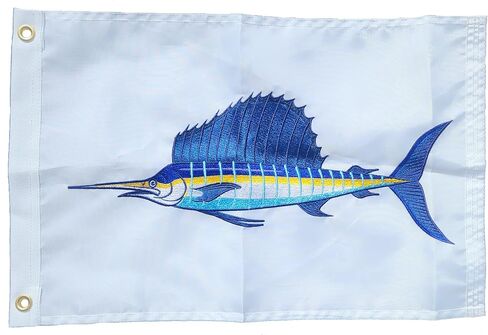 Embroidered Sailfish Catch Flag, Marine Fishing Pennant, 100% 300D Nylon, White, 12x18 Inch, with Canvas Header and Rust-Resistant Grommets in Saudi Arabia