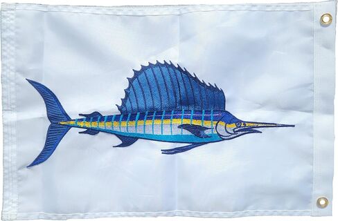 Embroidered Sailfish Catch Flag, Marine Fishing Pennant, 100% 300D Nylon, White, 12x18 Inch, with Canvas Header and Rust-Resistant Grommets in Saudi Arabia