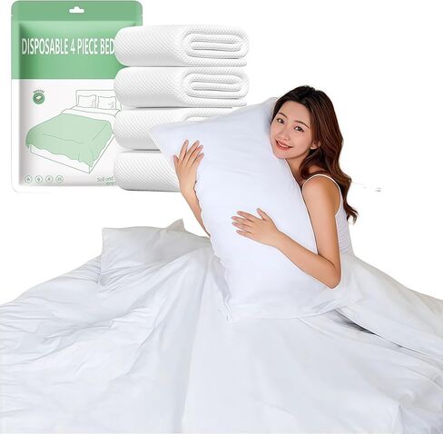 Travel Disposable Bedding Set, White SMMS Nonwoven, 4 Piece Queen Size with Fitted Sheet 71x79x8in, Duvet Cover 87x91in, 2 Pillowcases 20x31in, for Hotel Hospital Travel in Saudi Arabia