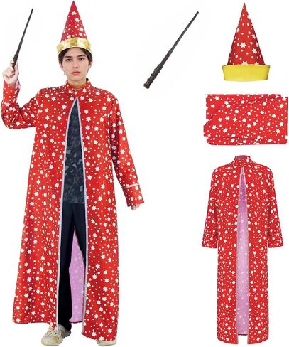 EDAUWAE Wizard Costume Adults Wizard Cloak Stars Magician Cape Wizard Hat Cloak Magic Wand Halloween Costume in Kuwait