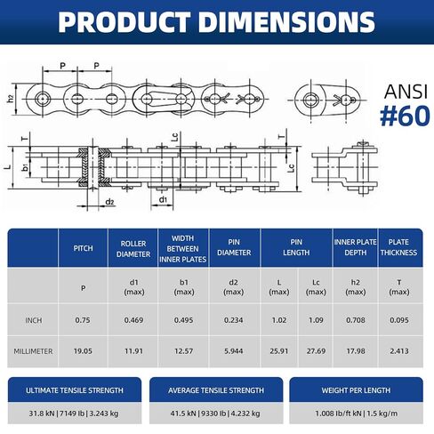 #60 Roller Chain, 10 Feet Carbon Steel Chain with 2 Free Connecting Links in Kuwait