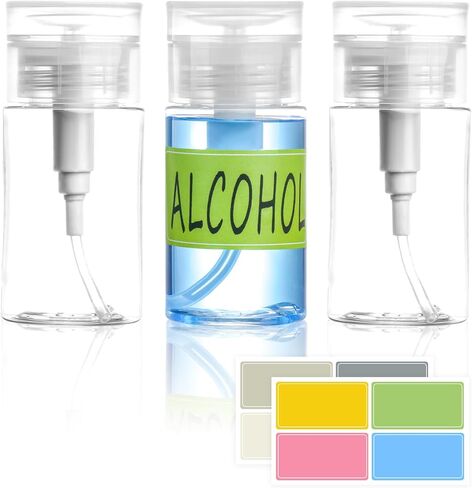 3 عبوات من موزع مضخة الدفع الشفاف للأسفل، زجاجة فارغة قابلة لإعادة التعبئة بغطاء علوي مع ملصقات ملونة، لطلاء الأظافر، مزيل المكياج، التونر، الكحول (200 مل - 3 قطع) in Kuwait