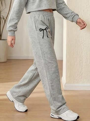 Girls Bowknot Baggy Sweatpants Teen Trendy Wide Leg Sweat Pants Elastic Waist Loose Jogger Casual Kids for 8-12Y in Kuwait