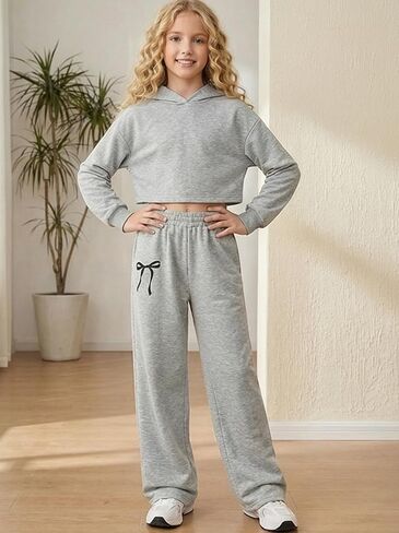 Girls Bowknot Baggy Sweatpants Teen Trendy Wide Leg Sweat Pants Elastic Waist Loose Jogger Casual Kids for 8-12Y in Kuwait